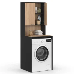 IDMarket Meuble dessus de machine à laver WALLIS avec placard noir et bois façon hêtre