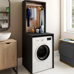 Armoire De Salle De Bains|IDMarket Meuble dessus machine à laver avec penderie WALLIS noir et bois façon hêtre