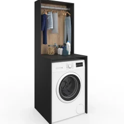Armoire De Salle De Bains|IDMarket Meuble dessus machine à laver avec penderie WALLIS noir et bois façon hêtre
