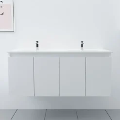 Cuisibane Meuble double vasque 120 cm PROLINE- Blanc- Plan vasque en Céramique
