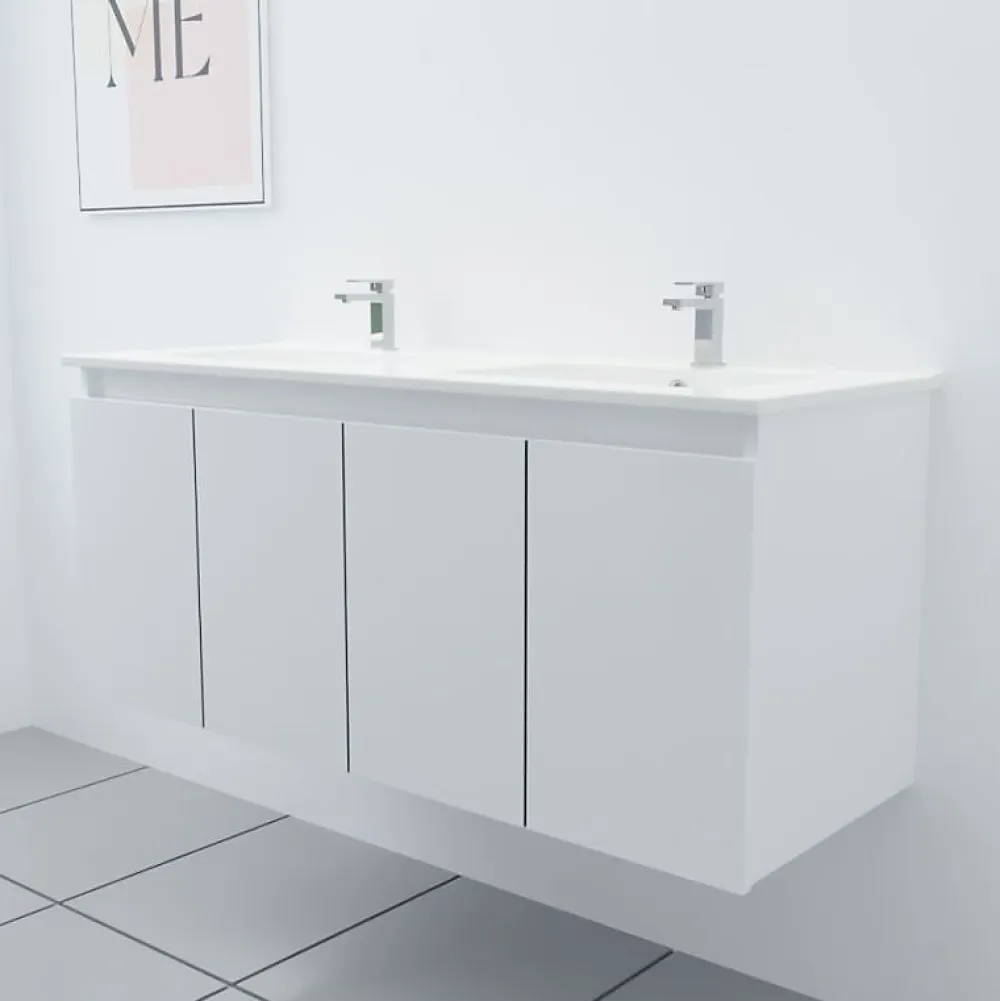 Cuisibane Meuble double vasque 120 cm PROLINE- Blanc- Plan vasque en Céramique