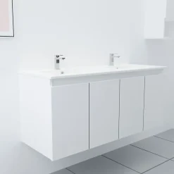 Cuisibane Meuble double vasque 120 cm PROLINE- Blanc- Plan vasque en Céramique