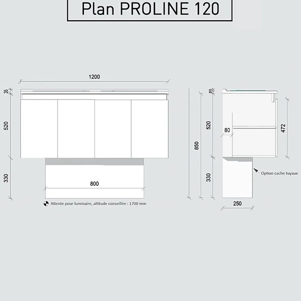 Cuisibane Meuble double vasque 120 cm PROLINE- Blanc- Plan vasque en Céramique