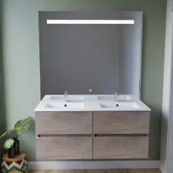 Ensemble Meuble De Salle De Bains|Cuisibane Meuble double vasque 120 cm ROSALY INOX + miroir Elégance ht105- Bois- Plan vasque en Céramique