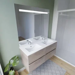 Ensemble Meuble De Salle De Bains|Cuisibane Meuble double vasque 120 cm ROSALY INOX + miroir Elégance ht105- Bois- Plan vasque en Céramique