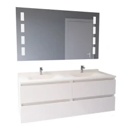 Cuisibane Meuble double vasque 140 cm ARLEQUIN avec miroir Prestige - Blanc - Blanc