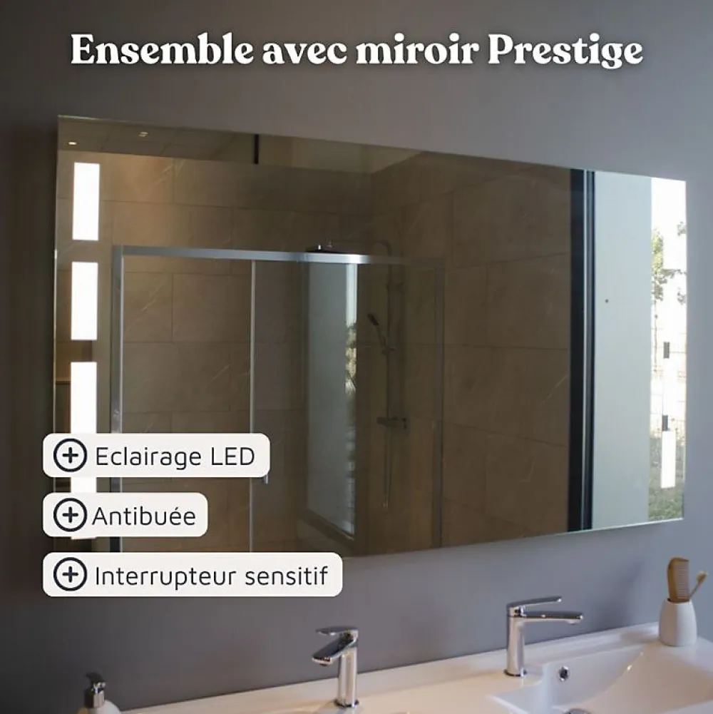 Cuisibane Meuble double vasque 140 cm ARLEQUIN avec miroir Prestige - Blanc - Blanc