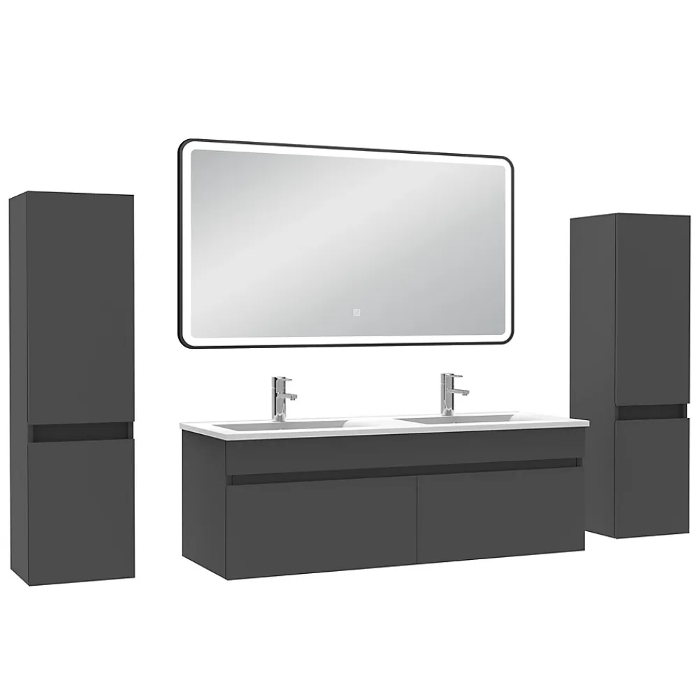 Ensemble Meuble De Salle De Bains|AICA Sanitaire Meuble double vasque anthracite 120cm avec colonne + miroir 3 couleurs + dimmable