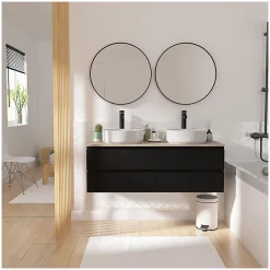 Mob-In Meuble double vasque 120cm avec plan bois SORRENTO Blanc+vasque+robinet+miroir