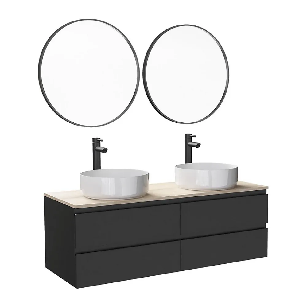 Mob-In Meuble double vasque 120cm avec plan bois SORRENTO Blanc+vasque+robinet+miroir