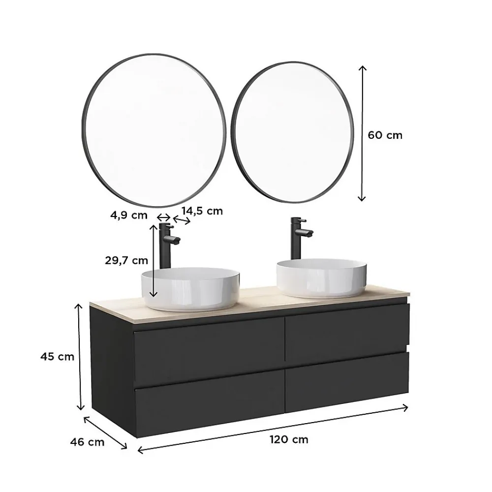 Mob-In Meuble double vasque 120cm avec plan bois SORRENTO Blanc+vasque+robinet+miroir