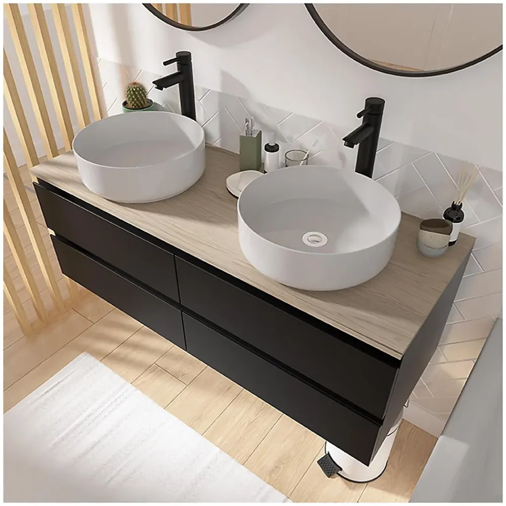 Mob-In Meuble double vasque 120cm avec plan bois SORRENTO Blanc+vasque+robinet+miroir