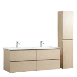 Ensemble Meuble De Salle De Bains|Mob-In Meuble double vasque 120cm avec plan céramique SORRENTO Décor chêne + colonne
