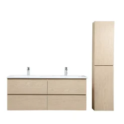 Ensemble Meuble De Salle De Bains|Mob-In Meuble double vasque 120cm avec plan céramique SORRENTO Décor chêne + colonne