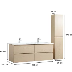 Ensemble Meuble De Salle De Bains|Mob-In Meuble double vasque 120cm avec plan céramique SORRENTO Décor chêne + colonne