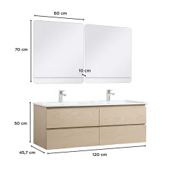 Mob-In Meuble double vasque 120cm avec plan céramique SORRENTO Décor chêne + miroir