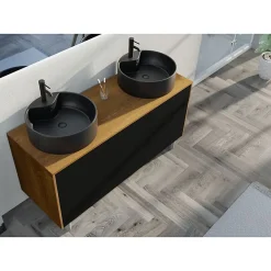 Ensemble Meuble De Salle De Bains|Distribain Meuble double vasque VENEZIA Bois Naturel et Noir mat (sans miroir)