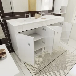 Ensemble Meuble De Salle De Bains|Cuisibane Meuble ECOLINE 140 cm avec plan vasque résine et miroir Elégance ht105- Blanc