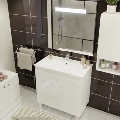 Ensemble Meuble De Salle De Bains|Cuisibane Meuble ECOLINE 80 cm avec plan vasque et miroir Elégance ht80- Blanc