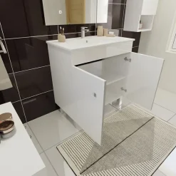 Ensemble Meuble De Salle De Bains|Cuisibane Meuble ECOLINE 80 cm avec plan vasque et miroir Elégance ht80- Blanc