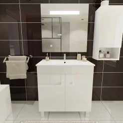 Ensemble Meuble De Salle De Bains|Cuisibane Meuble ECOLINE 80 cm avec plan vasque et miroir Elégance ht80- Blanc