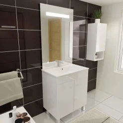 Ensemble Meuble De Salle De Bains|Cuisibane Meuble ECOLINE 70 cm avec plan vasque et miroir ELEG Plus ht105 - Blanc