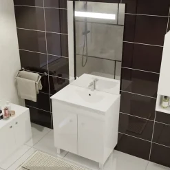 Ensemble Meuble De Salle De Bains|Cuisibane Meuble ECOLINE 70 cm avec plan vasque et miroir ELEG Plus ht105 - Blanc