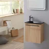 Lave-Mains|Planète Bain Meuble finition bois pour wc avec lave-mains en solid surface noir et mitigeur noir