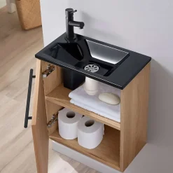 Lave-Mains|Planète Bain Meuble finition bois pour wc avec lave-mains en solid surface noir et mitigeur noir