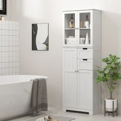 Homcom Meuble haut de salle de bain - armoire salle de bain - grande colonne salle de bain - 4 portes, 2 tiroirs - blanc