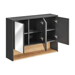 Armoire De Salle De Bains|Meublorama Meuble haut de salle de bain TALOKA 3 portes miroir Gris anthracite et chene clair L100 cm Suspendu