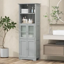 Colonne De Salle De Bains|Meuble De Salle De Bains Faible Profondeur|Giantex Meuble Haut de Salle de Bain Rangement 6 Niveaux avec 2 Etageres Ouvertes&2 Compartiments Porte en Verre Transparent Gris