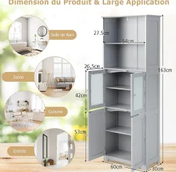 Colonne De Salle De Bains|Meuble De Salle De Bains Faible Profondeur|Giantex Meuble Haut de Salle de Bain Rangement 6 Niveaux avec 2 Etageres Ouvertes&2 Compartiments Porte en Verre Transparent Gris