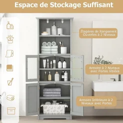 Colonne De Salle De Bains|Meuble De Salle De Bains Faible Profondeur|Giantex Meuble Haut de Salle de Bain Rangement 6 Niveaux avec 2 Etageres Ouvertes&2 Compartiments Porte en Verre Transparent Gris