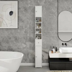 Meuble Wc|ProximaX Meuble haut et étroit salle de bain blanc, autoportant avec 1 tiroir, 2 portes et 4 étagères réglables, 180 cm