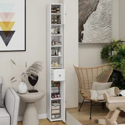 Meuble Wc|ProximaX Meuble haut et étroit salle de bain blanc, autoportant avec 1 tiroir, 2 portes et 4 étagères réglables, 180 cm