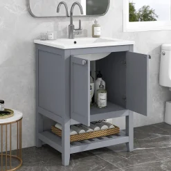 Okwish Meuble Lavabo avec Vasque Céramique - Meuble Sous-Vasque Moderne avec Espace de Rangement, Bois de Pin et MDF, 61x46x90 cm - Gris