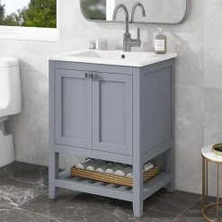 Okwish Meuble Lavabo avec Vasque Céramique - Meuble Sous-Vasque Moderne avec Espace de Rangement, Bois de Pin et MDF, 61x46x90 cm - Gris