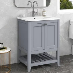 Okwish Meuble Lavabo avec Vasque Céramique - Meuble Sous-Vasque Moderne avec Espace de Rangement, Bois de Pin et MDF, 61x46x90 cm - Gris