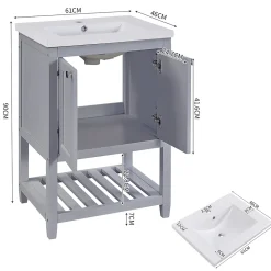 Okwish Meuble Lavabo avec Vasque Céramique - Meuble Sous-Vasque Moderne avec Espace de Rangement, Bois de Pin et MDF, 61x46x90 cm - Gris
