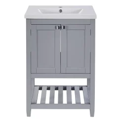 Okwish Meuble Lavabo avec Vasque Céramique - Meuble Sous-Vasque Moderne avec Espace de Rangement, Bois de Pin et MDF, 61x46x90 cm - Gris