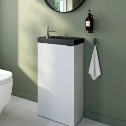Lave-Mains|GoodHome Meuble lave mains à poser blanc brillant l.44 x H.79 x P.23 cm, Imandra