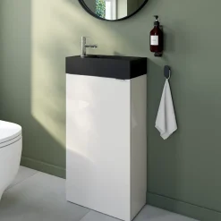 Lave-Mains|GoodHome Meuble lave mains à poser blanc brillant l.44 x H.79 x P.23 cm, Imandra