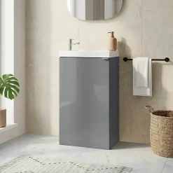 Lave-Mains|GoodHome Meuble lave mains à poser gris brillant l.44 cm Imandra + plan vasque blanc résine Beni,