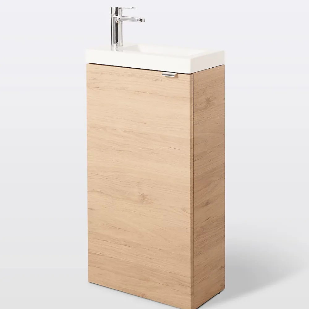 Lave-Mains|GoodHome Meuble lave mains à poser effet chêne l.44 cm Imandra + plan vasque blanc résine Beni,