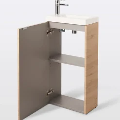 Lave-Mains|GoodHome Meuble lave mains à poser effet chêne l.44 cm Imandra + plan vasque blanc résine Beni,