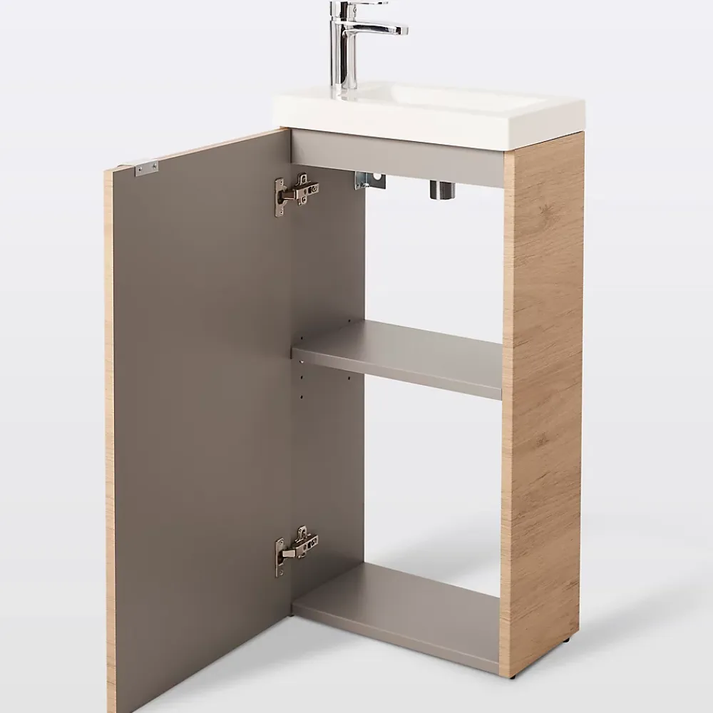 Lave-Mains|GoodHome Meuble lave mains à poser effet chêne l.44 cm Imandra + plan vasque blanc résine Beni,
