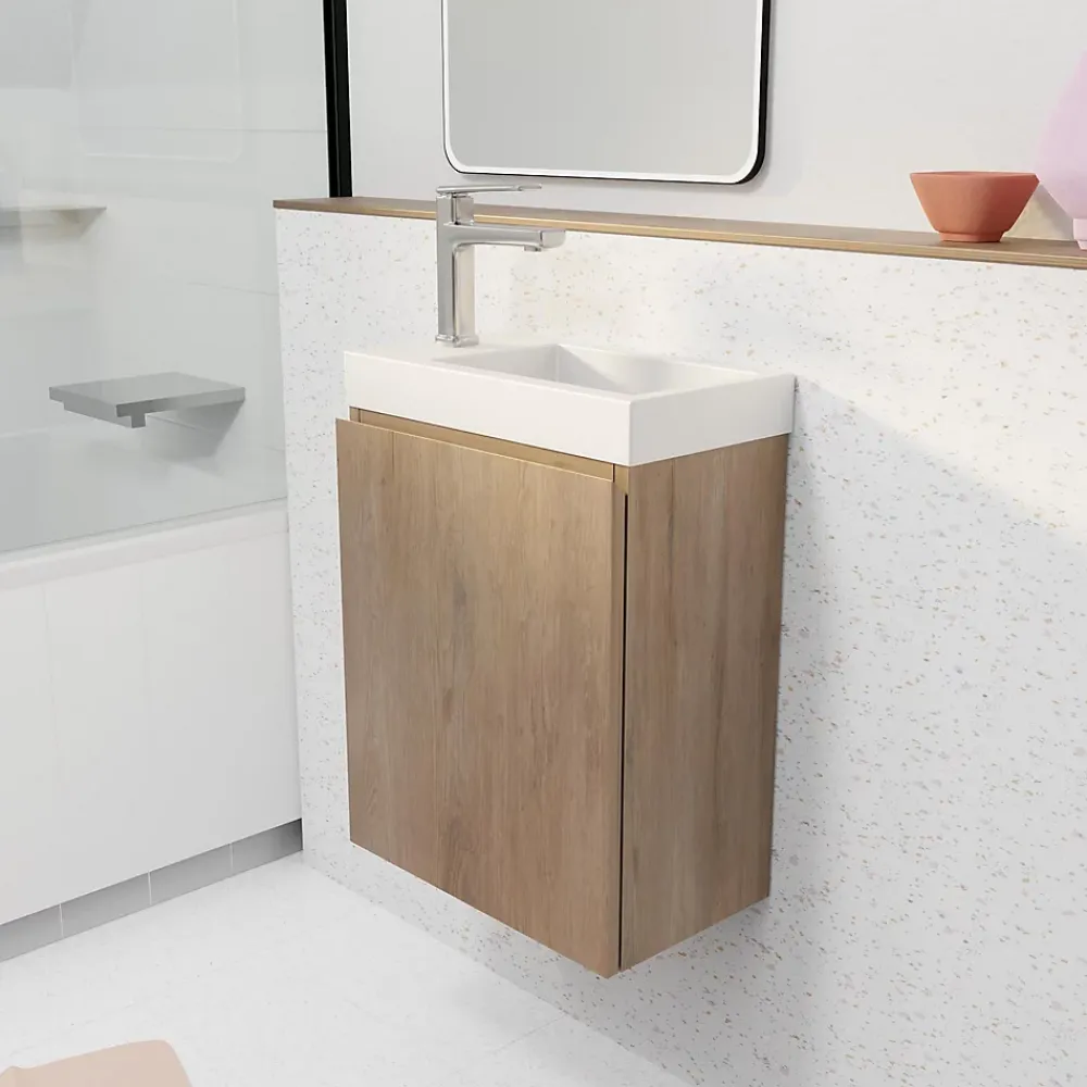 Aurlane Meuble Lave Mains Décor Bois 40x50x22 cm avec Vasque en SMC Blanche - ELEMENTARY