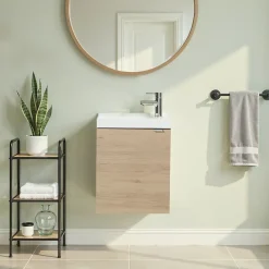 Lave-Mains|GoodHome Meuble lave mains suspendu effet chêne l.44 cm Imandra + plan vasque blanc résine Beni,