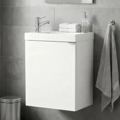 GoodHome Meuble lave mains suspendu blanc brillant l.44 cm Imandra + plan vasque blanc résine Beni,